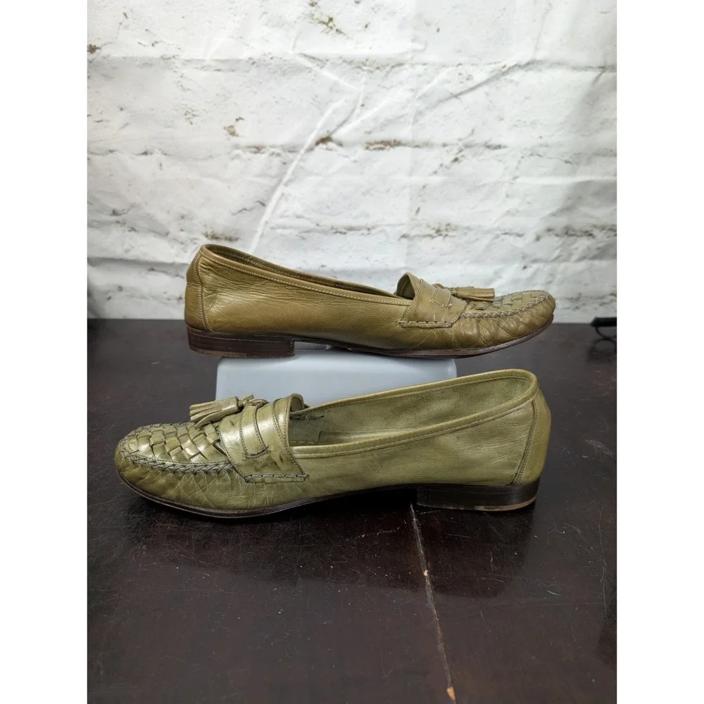 Vintage Cole Haan Woven Tassel Loafers Olive Green Leather Made in Italy L13 R12